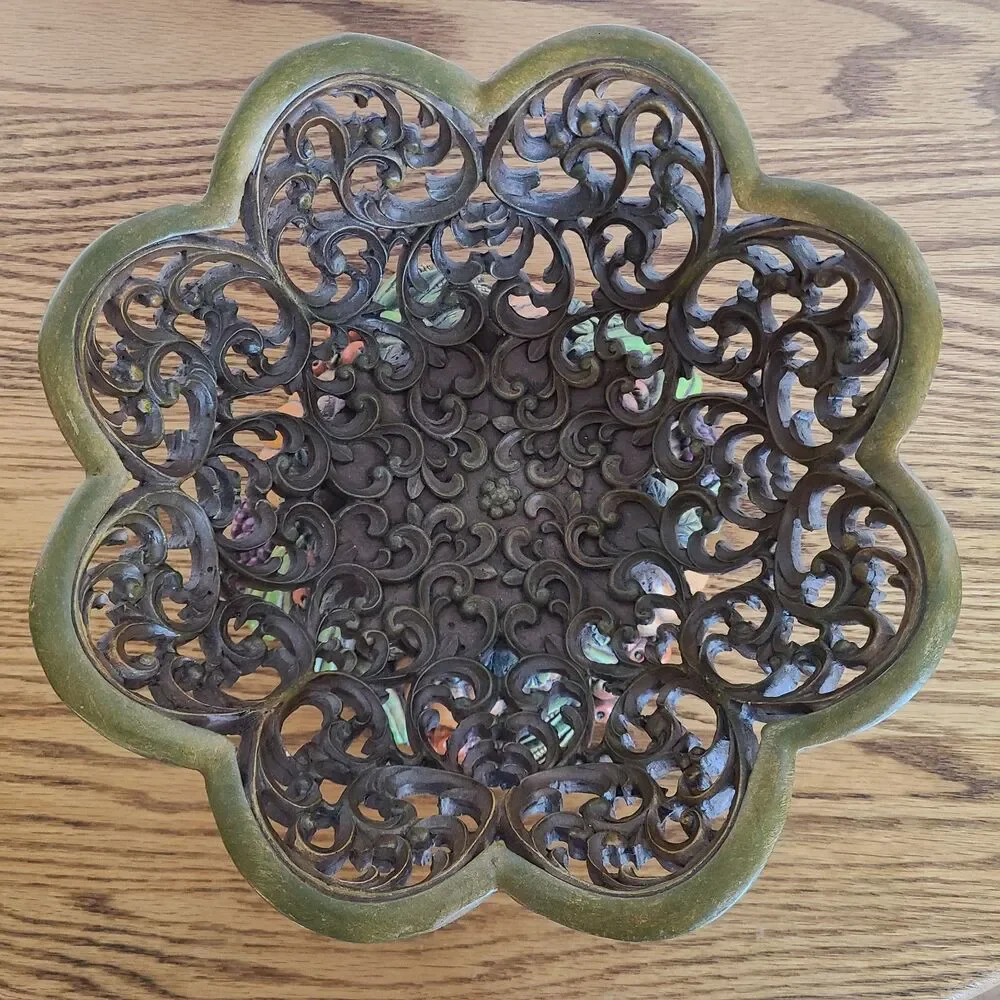Vintage Thanksgiving Fall Ornate Reticulated Pedestal Bowl Wood-Look Resin